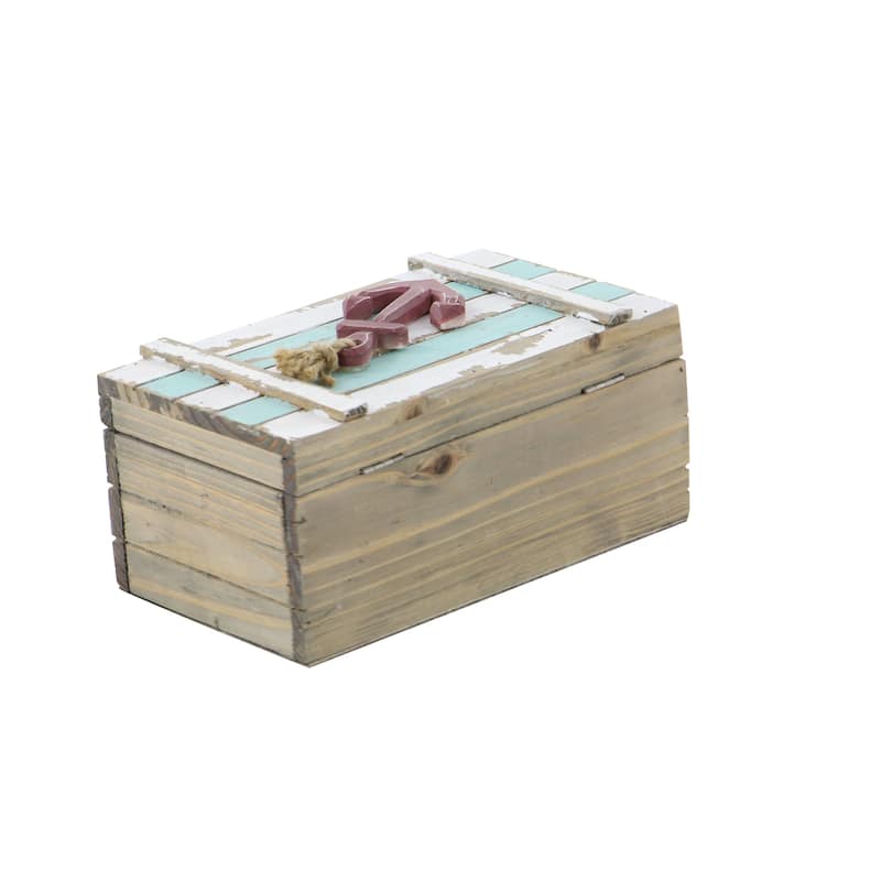 Wood Box with Anchor Detail and Hinged Lid - Set of 2 Teal - Roche River Decor - 6"W x 10"L x 5"H
