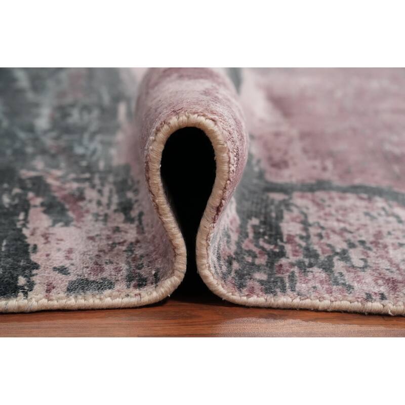 Hand Knotted Oriental Viscose Silk Carpet Modern Pictorial Pink Abstract Area Rug - 7' 8'' X 5' 6''
