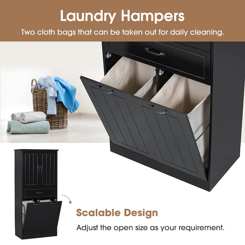 Roomfitters Bathroom Storage Cabinet with Double Laundry Hampers, Doors and Drawer Organizer