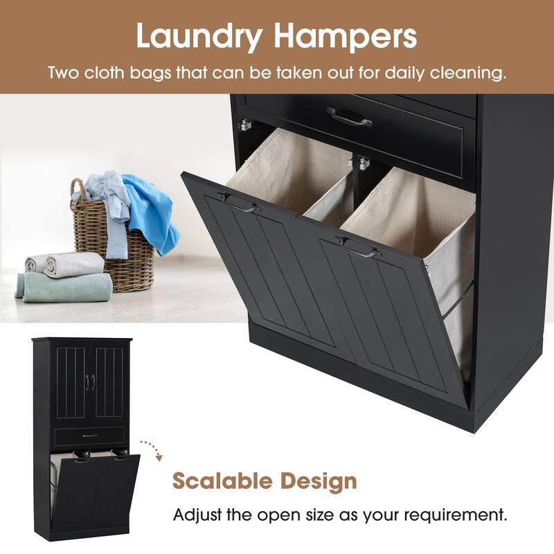Tall Laundry Floor Cabinet with Removable Baskets, Waterproof Bathroom Storage Cabinet with Adjustable Shelf & Drawer