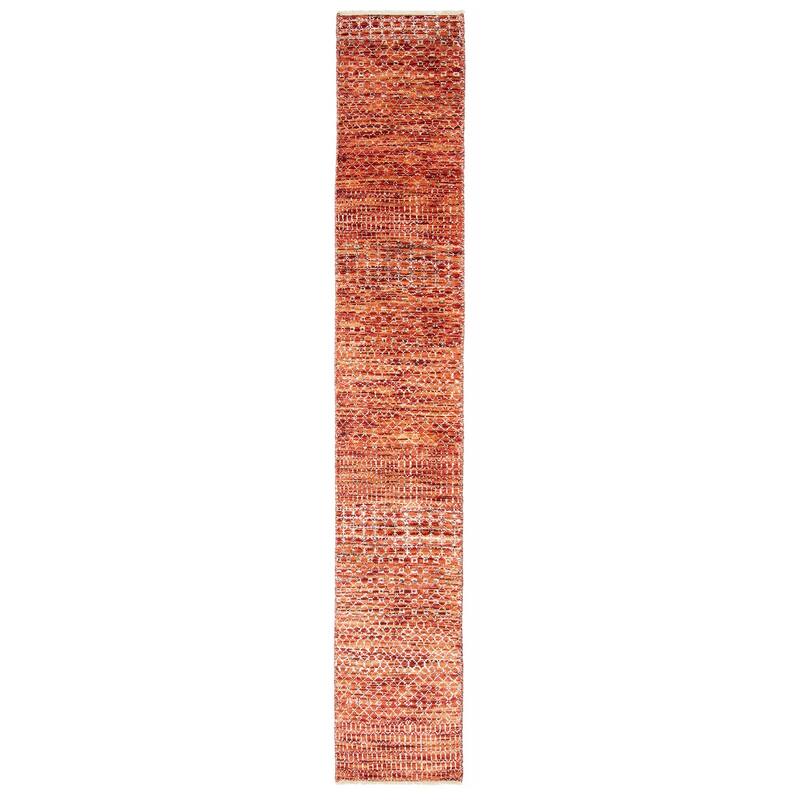 ECARPETGALLERY Hand-knotted Silk Shadow Red Viscose, Wool Rug - 2'0 x 12'1 - Red - 2'0 x 12'1