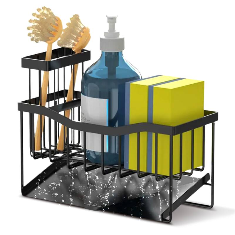 Cheer Collection Sink Caddy Sponge Holder with Drain Tray and Brush Organizer - Black