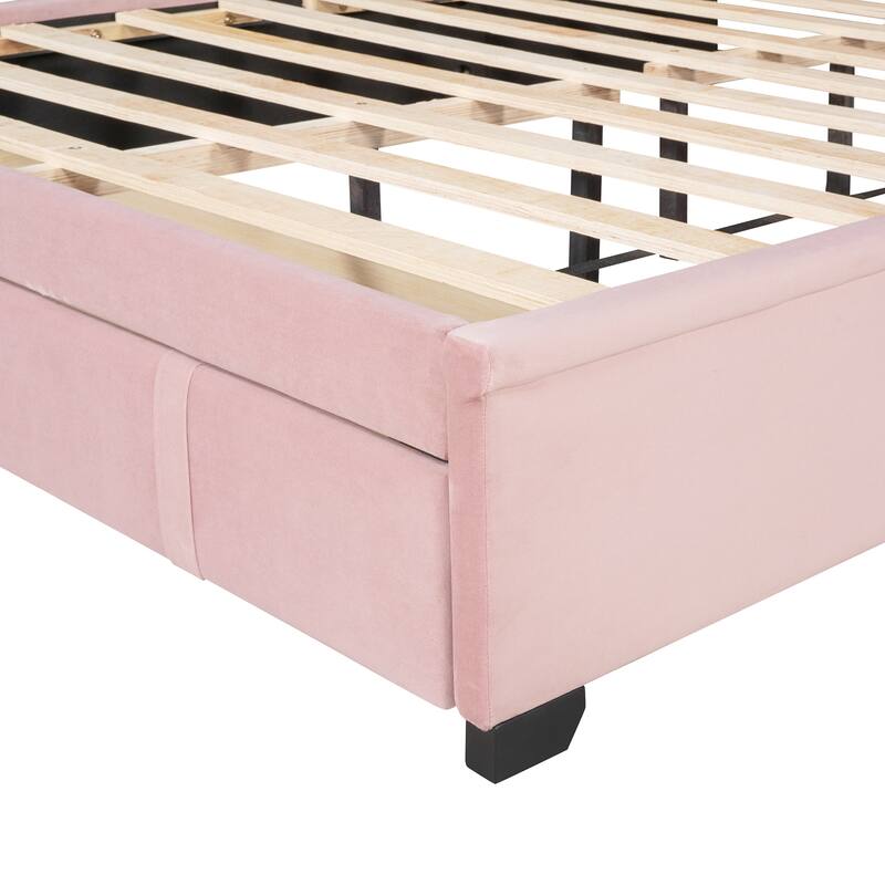Velvet Upholstered Bed Platform Bed Frame Queen Size Wingback Bed with Tufted Headboard and Large Storage Drawer