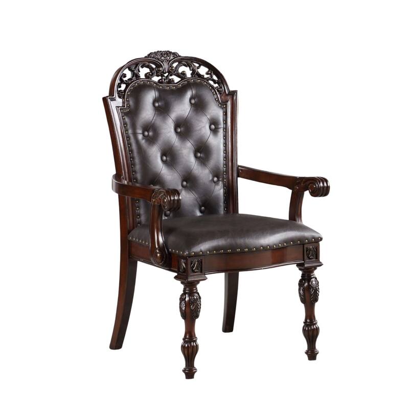 Traditional Set of 2pcs Arm Chairs Brown Cherry Solid wood Espresso Leatherette Tufted Formal Dining Room