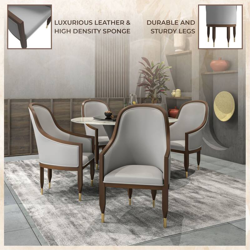 Leather Dining Chair with Arms with Rubberwood Frame Belle Series by LeisureMod