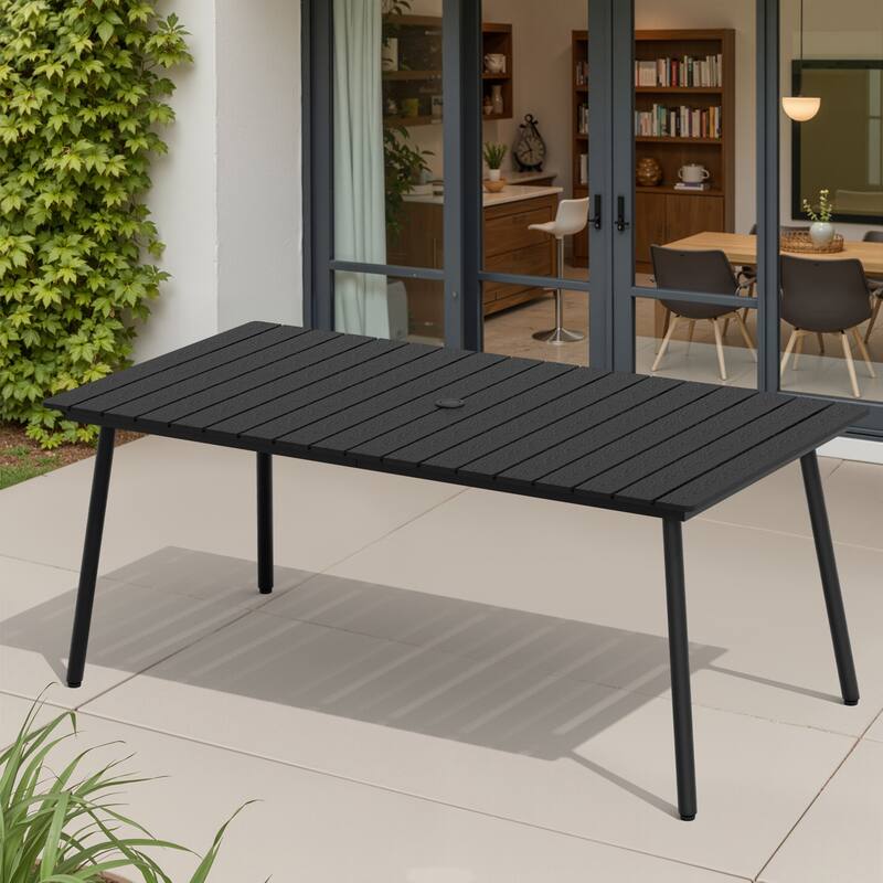 70in Outdoor Patio Rectangle Aluminum Wood-Like Dining Table with Umbrella Hole