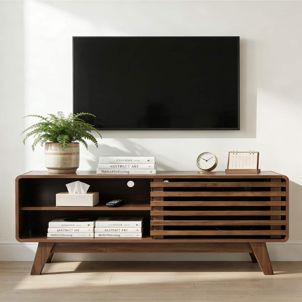 TV Stand with Storage, Entertainment Center with Slatted Sliding Door, Mid Century Modern TV Stand, Farmhouse Media Console