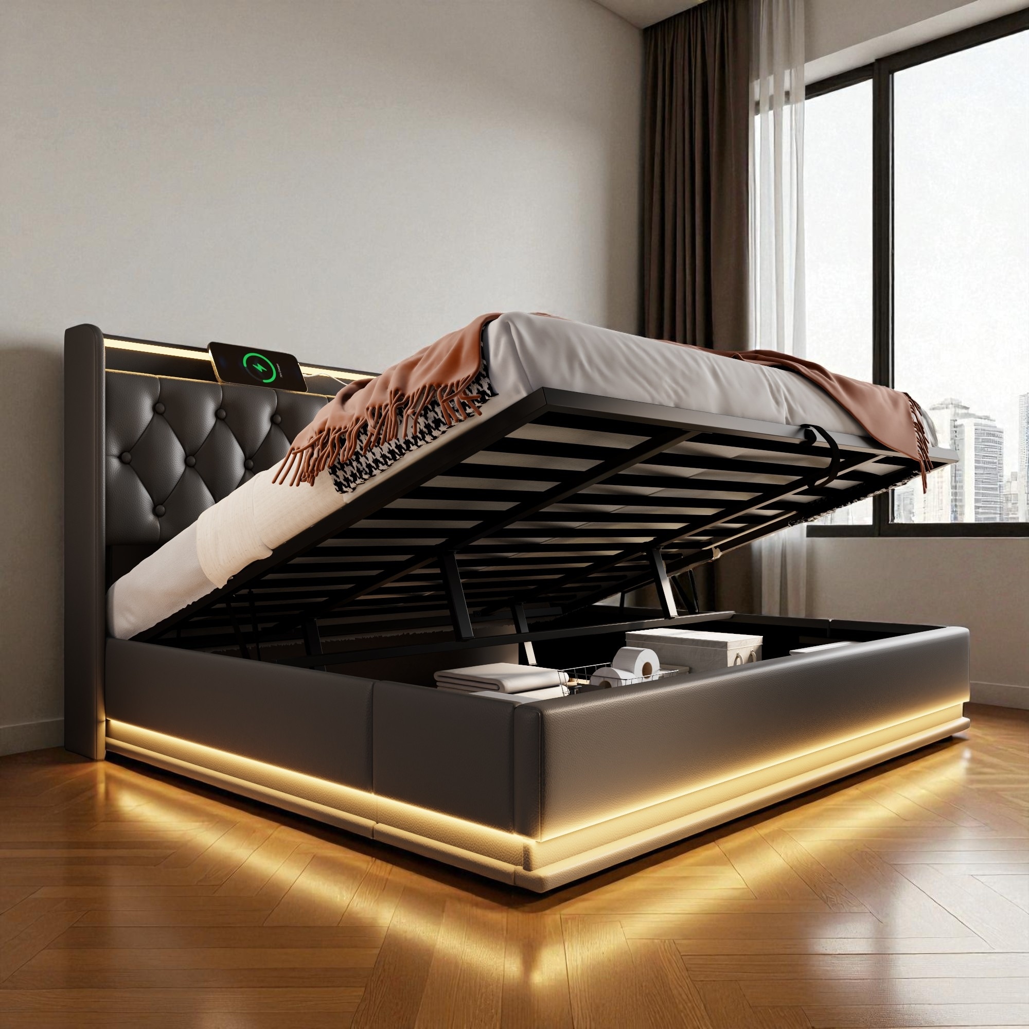 Upholstered Storage Bed with 360° LED Lights, USB Type-C Ports, Hydraulic Lift Storage & App/Remote Control, Twin-King Sizes