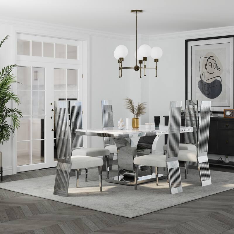 Faux Mable Dining Table Set with White Boucle and High Back Chairs