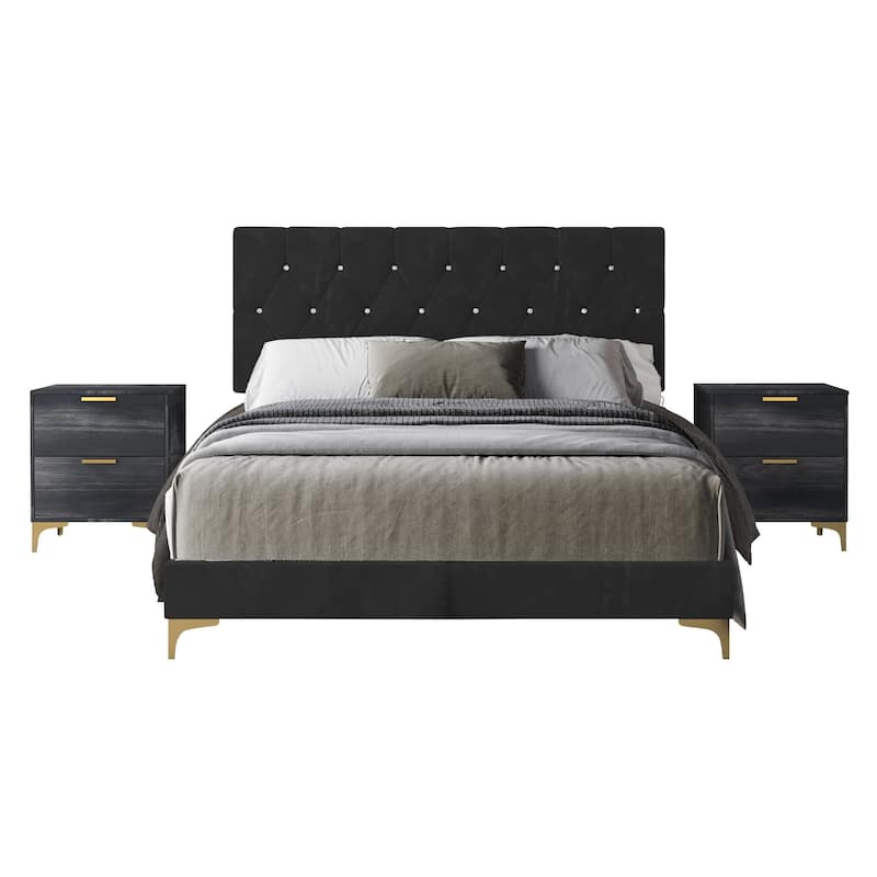 CraftPorch 3 Piece Bedroom Nightstands Set Diamond Button Tufted Bed - Black - King