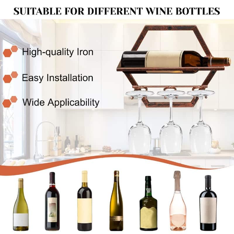 2Pcs Wall Mounted Wine Bottle Stemware Rack - 11"D x 10"W x 1.8"H