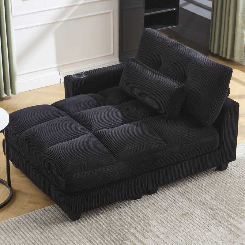 Oversized Corduroy Upholstered Single Chaise Lounge Sofa Couch Switchable Armrest with Cup Holders, USB Ports and Pockets - Black