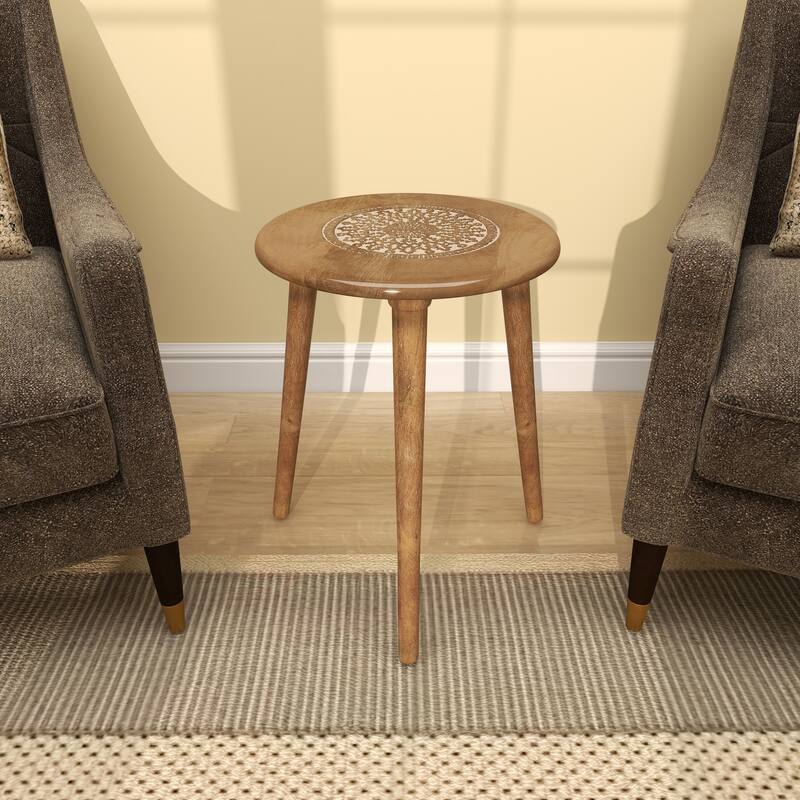 Mango Wood Handmade Intricately Carved Floral Accent Table with Tripod Legs - Dark Brown, White, Brown