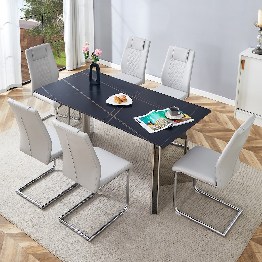Modern Style Dining Rectangular Table Set with Stainless Steel Butterfly Legs and PU High Back Dining Chairs
