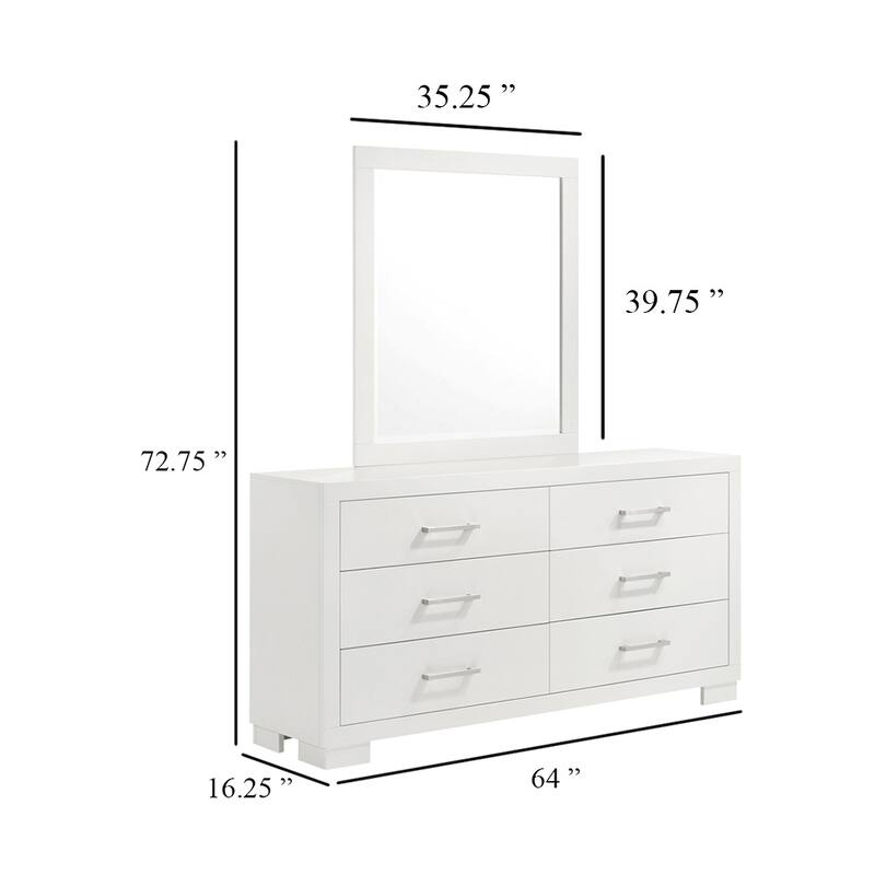 Bela Wide Dresser with Mirror and 6 Drawers, Snow White Wood