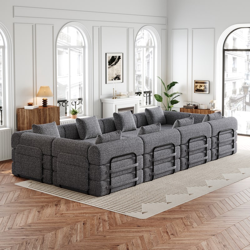 8 Seater Folding Couch Modular Chenille Sectional Sofa Freely Combined Sleeper Sofa Bed with Storage Pockets and Anti-slip Pads