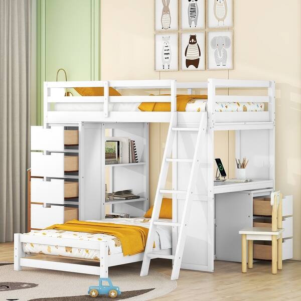 slide 2 of 14, Twin Over Twin Bunk Bed w/LED Light & USB Ports,Drawers&Shelves,White White - Twin