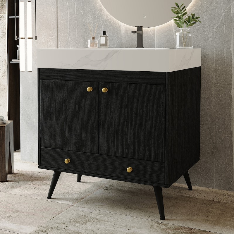 Contemporary 30" Freestanding Bathroom Vanity with Faux Marble Top & Ceramic Sink, Double Door Cabinet