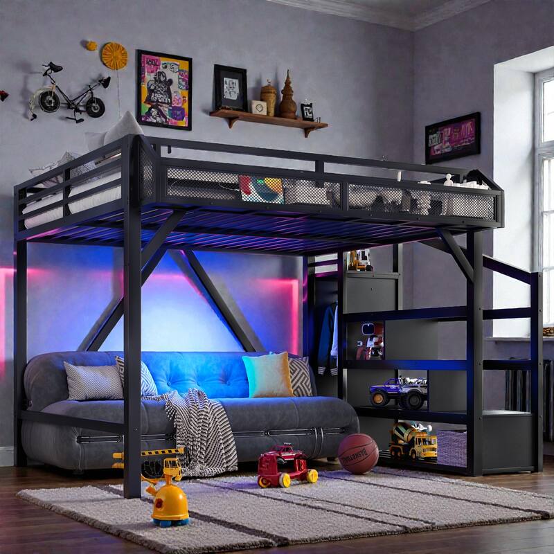 Metal Loft Bed with Storage Stairs, Built-in Wardrobe, Shelves, USB Ports, LED Lights & Noise-Reduced Frame - Black - Queen
