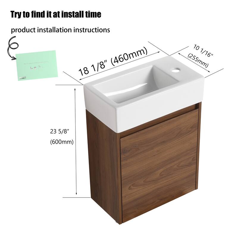 16"/18" Floating Bathroom Vanity with Sink, Mini Wall Mounted Bathroom Vanity with Soft Close Door