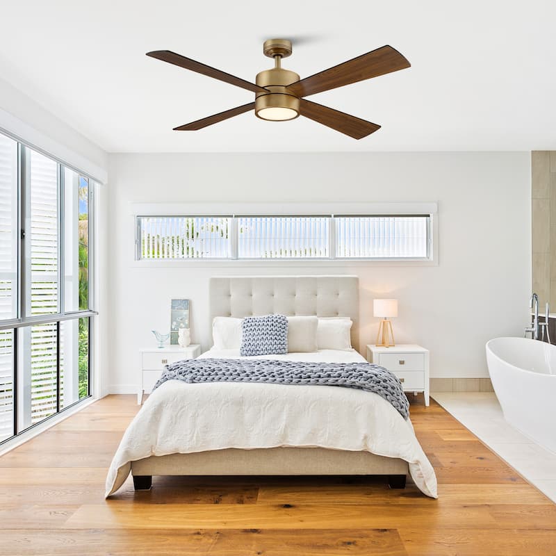 52" Antique Brass Wood 4-Blade Indoor Ceiling Fan with Light and Remote
