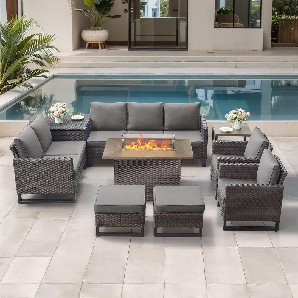 Gymojoy 7-9 Person All-Weather Wicker Outdoor Conversation Set Seating Group With Fire Pit Table