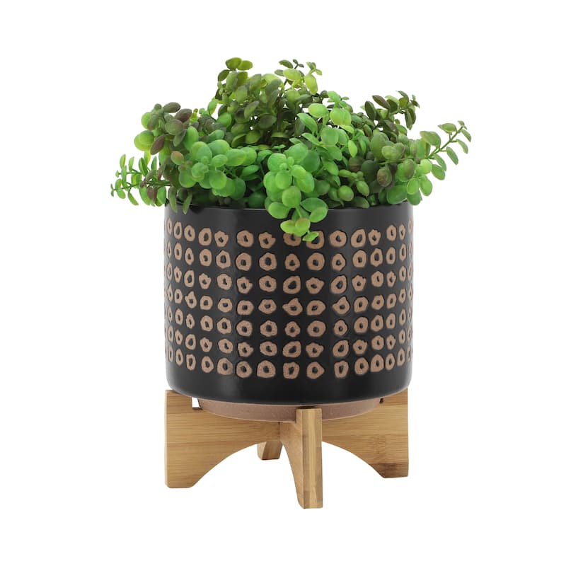 Sagebrook Home Neutral Tan and Brown Ceramic Dotted Planter with Wood Stand Indoor Outdoor