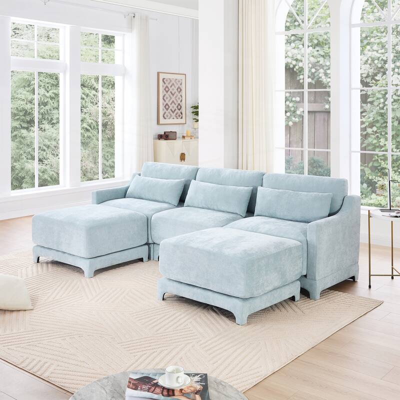 Three-Seater Sofa with 2 Movable Ottomans