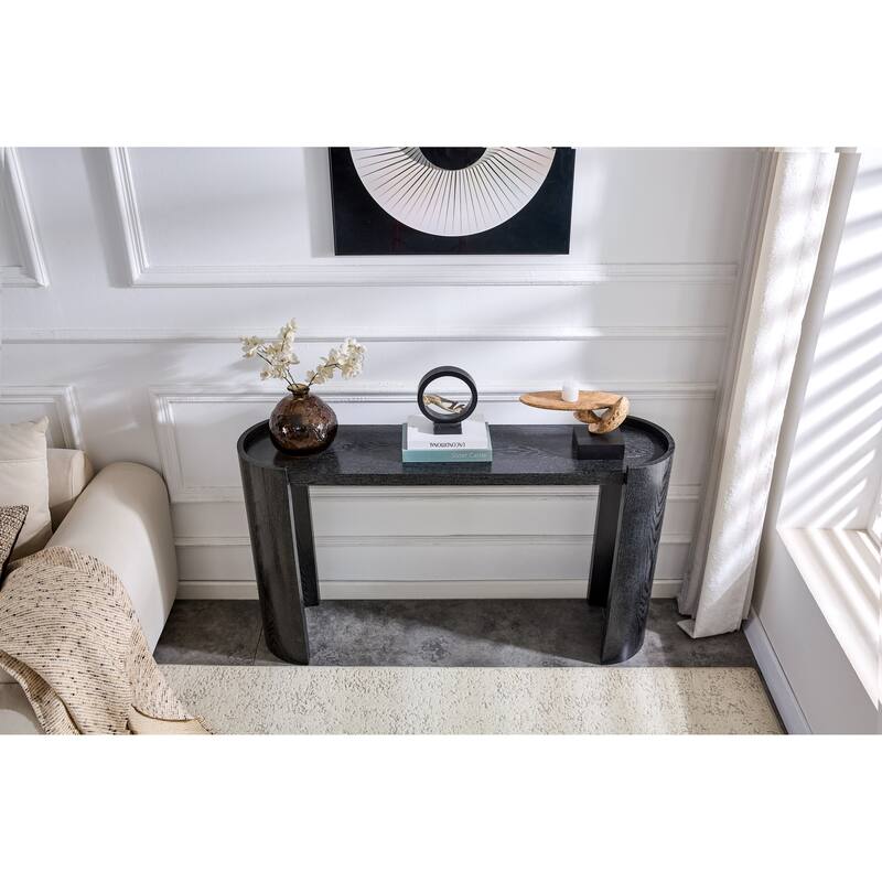 Black curved foyer table - Black wood grain minimalist entrance small space living room sofa side table