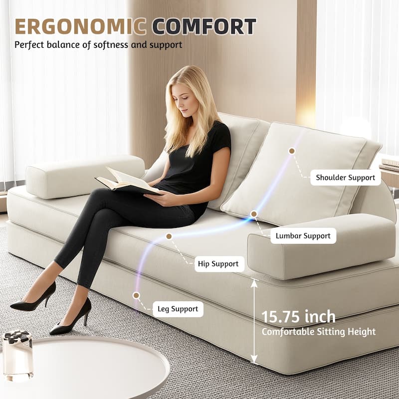 86.6" Convertible Loveseat Sofa Bed with Removable Backrests, Chenille Fabric Sleeper Sofa, Chaise Lounge, Floor Folding Couch