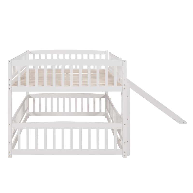Solid Wood Low Bunk Bed with Slide,Fence and Ladder