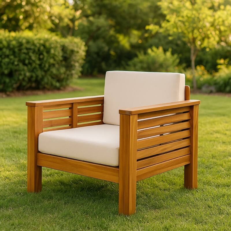 Siyal Outdoor Club Accent Chair Set of 2, Soft Beige, Brown Acacia Wood