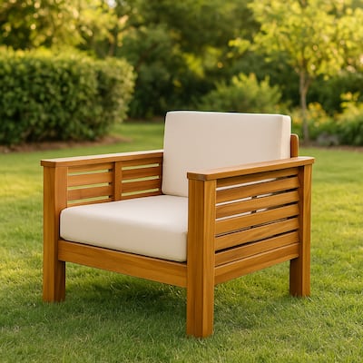 Siyal Outdoor Club Accent Chair Set of 2, Soft Beige, Brown Acacia Wood