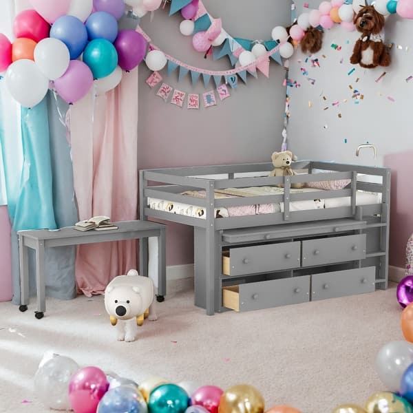 slide 2 of 20, Functional Twin Size Wooden Loft Bed with Retractable Writing Desk and 4 Drawers, Solid Construction, Versatility galore, Grey Grey