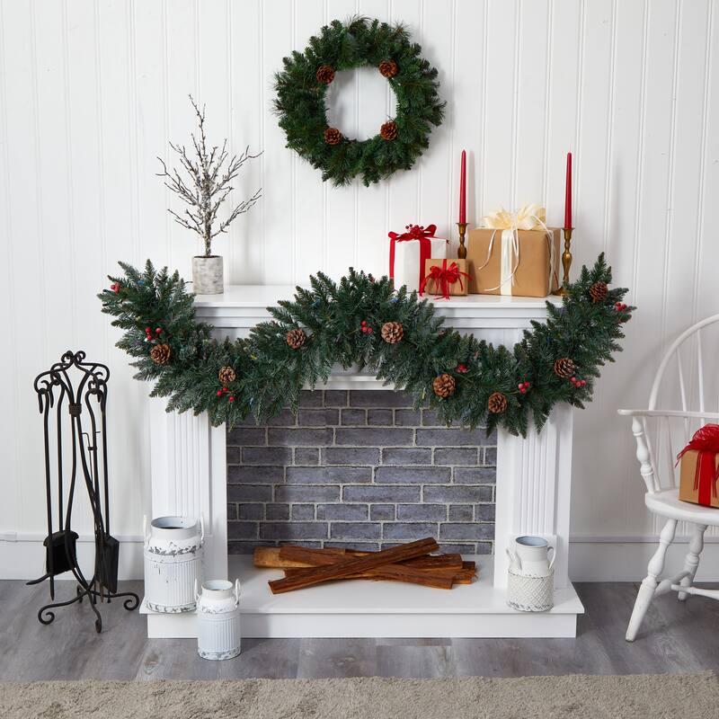 6' Snow Dusted Artificial Christmas Garland with 50 Multicolored LED Lights, Berries and Pinecones - 72