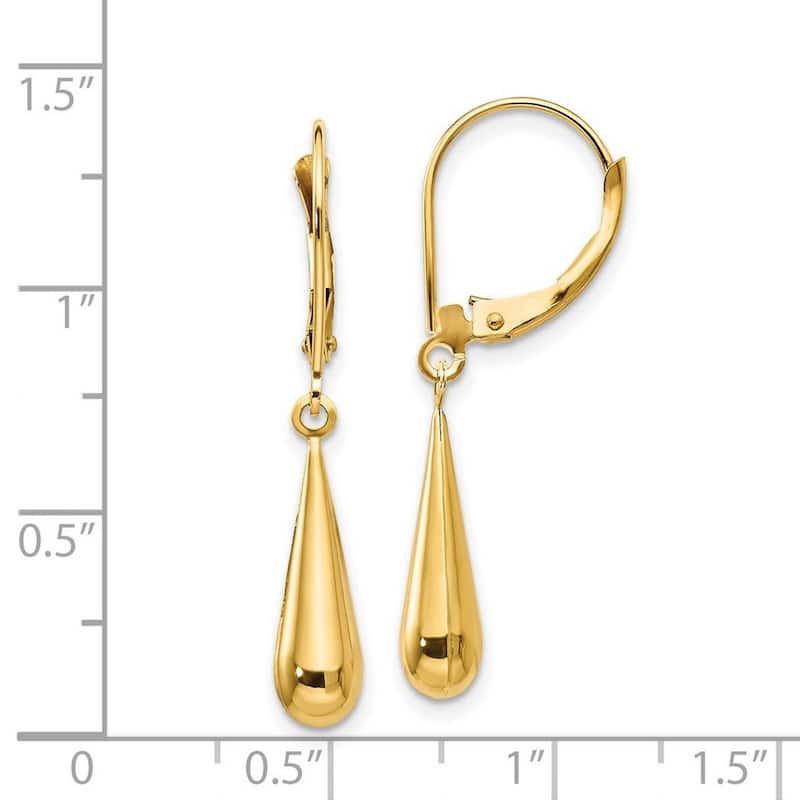 Curata 14k Yellow Gold 33x4mm Elongated Puffed Tear Drop Dangling Leverback Earrings - Orange