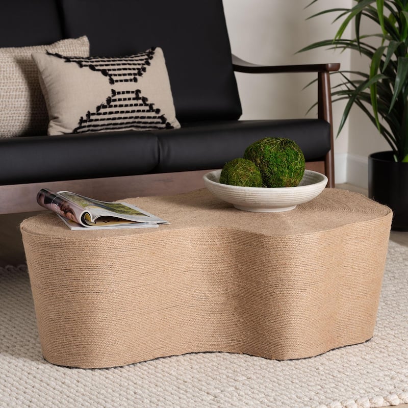 Edna Natural Jute Coffee Table - Textured Handwoven Irregular Shape Cocktail Table for Living Room or Lounge