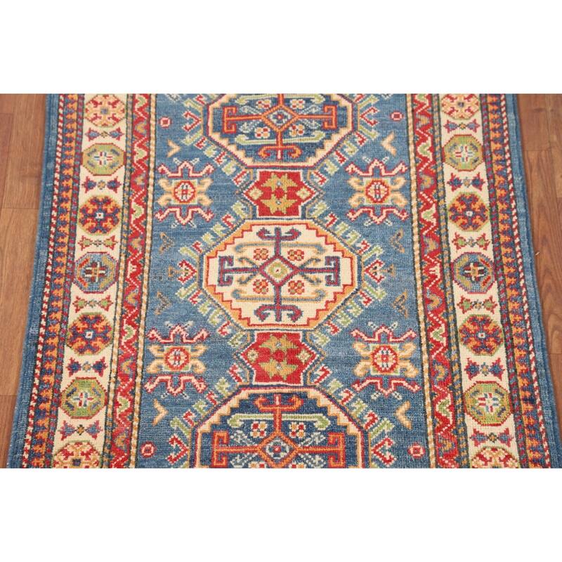 Blue Geometric Kazak Foyer Rug Handmade Bedroom Wool Carpet - 2'7" x 4'1"