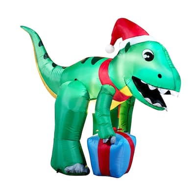 5 ft. Tall Green, Red & Blue Plastic Christmas Dinosaur with Hat Inflatable - Green