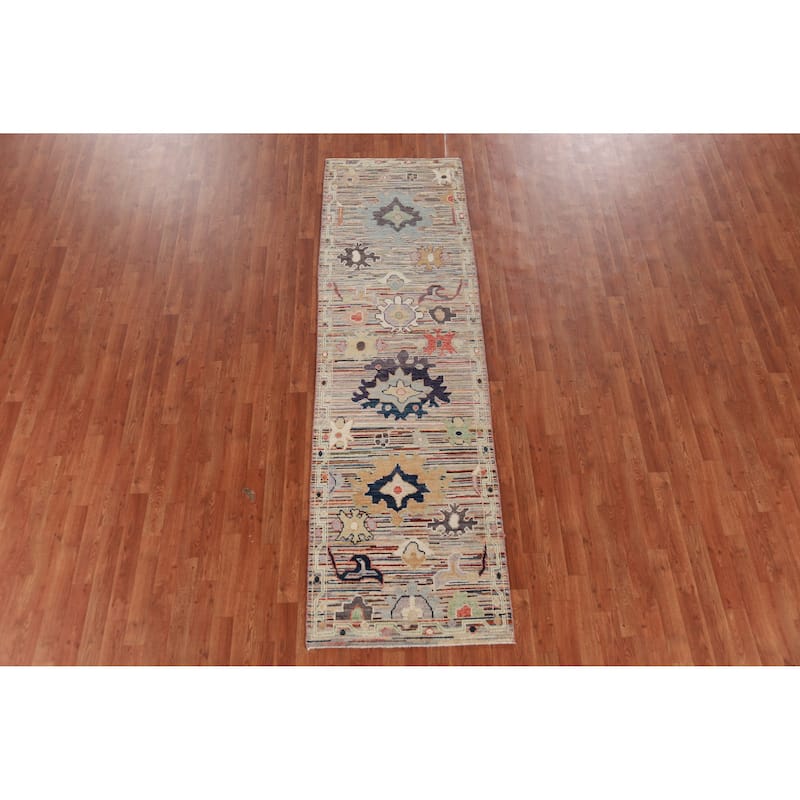 Hand Knotted Oriental 100% Wool Carpet Transitional Floral Multi-Colored Oushak Runner Rug - 9' 2'' X 2' 8''