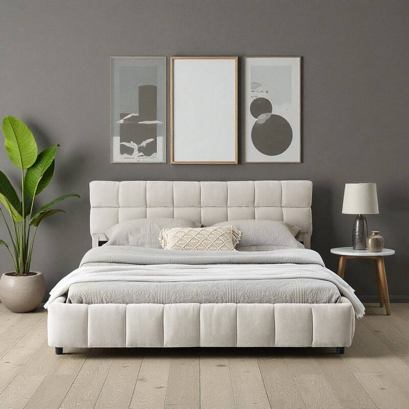 Queen Upholstered Platform Bed with Chenille Fabric, Soft Headboard & Underbed Storage Drawer, Solid Bed Frame