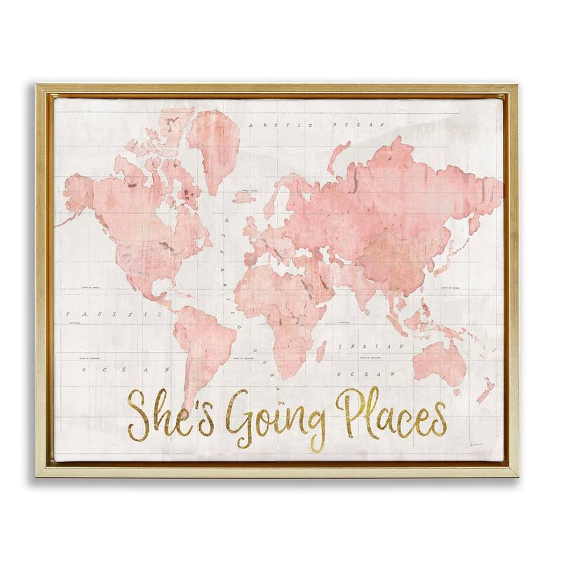 Stupell She's Going Places Quote Pink Watercolor World Map Floater Frame - Beige