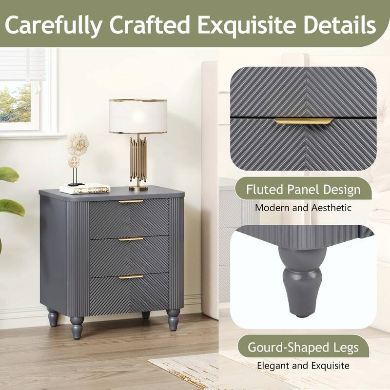 Mid-Century Fluted 3-Drawer Nightstand with Curved Design and Gold Handles