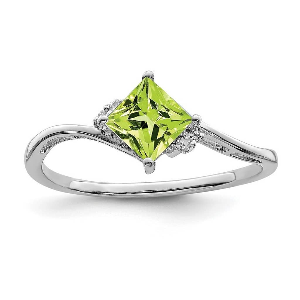 Curata 925 Sterling Silver Polished Open back Rhodium Plated Diamond and Peridot Square Ring