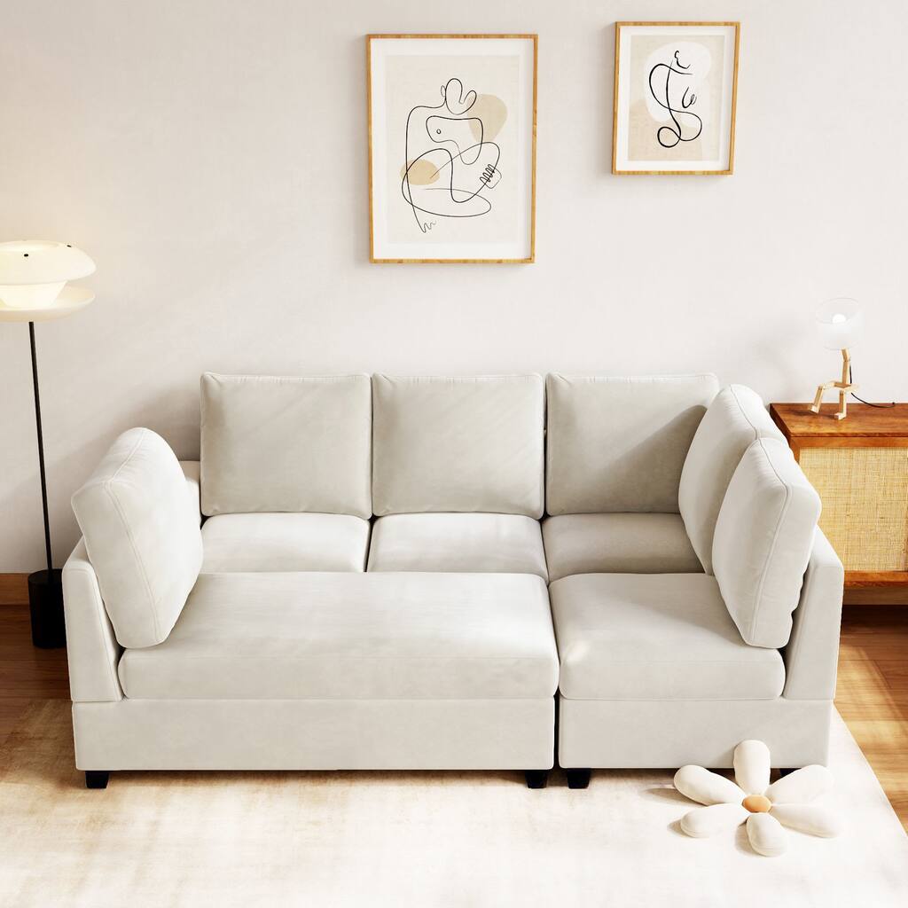 Cream L-shape Sectional Sofa Convertible U-shape Sofa 6-seat Velvet Fabric Sofa Bed with Chaise Lounge and 2 Charging Ports