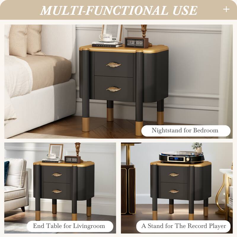 Contemporary 2 Drawers Nightstand with Curved Profile Design, Bedside Table with Metal Feather-Shaped Handles and Exposed Legs