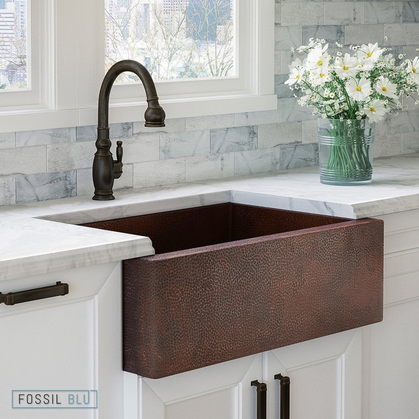 Luxury 33 inch Copper Farmhouse Kitchen Sink, Hammered Finish, Single Bowl, Flat Front, includes Diposal Flange, by Fossil Blu