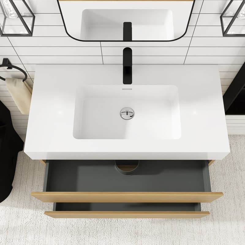 24/30/36 inch Wall-Mounted Bathroom Vanity Set in Oak with Integrated Resin Sink