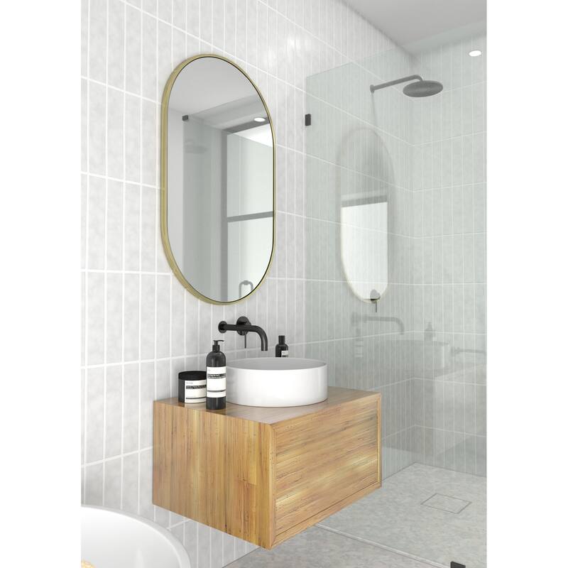 Glass Warehouse 36 in. H x 22 in. W Pill Shape Stainless Steel Framed Mirror