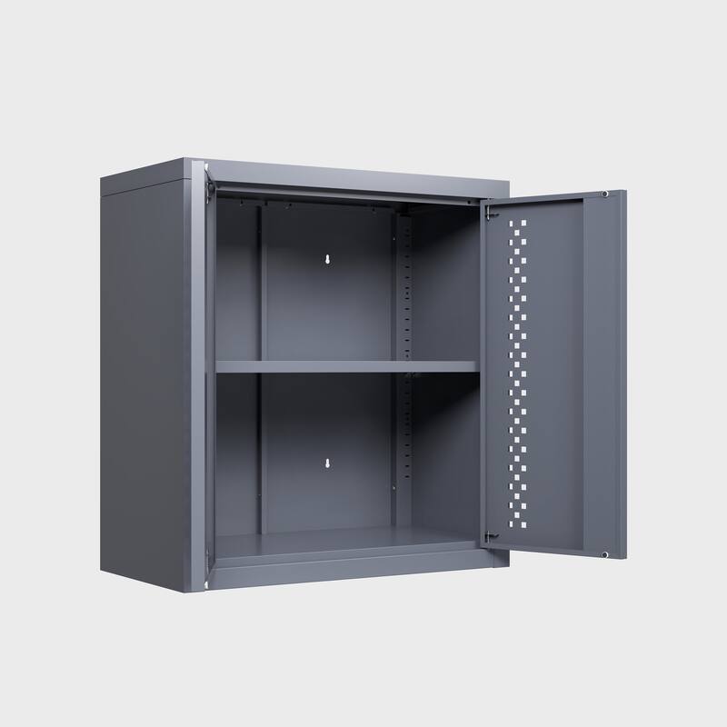 Grey Metal Wall Storage Cabinet with Removable Shelves for Garage Workshop or Kitchen Use - 27.95”L x 13.77”W x 25.98”H